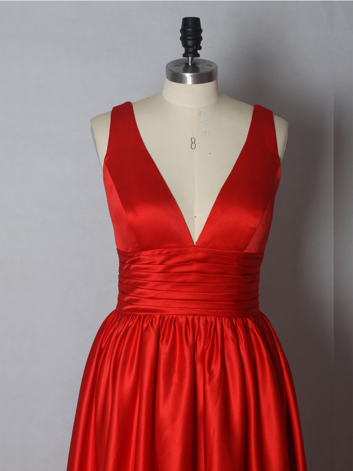 Red Satin Deep V-neck Aline Prom Dress