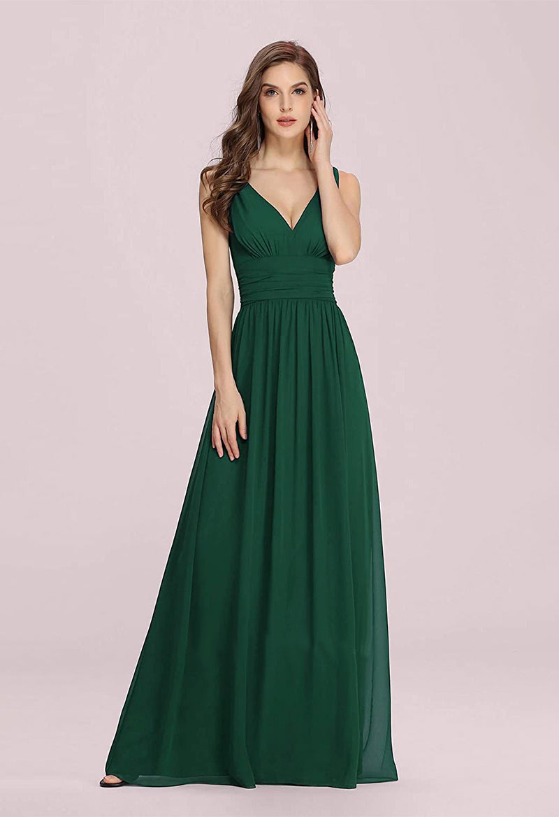 V-Neck Sleeveless Chiffon A Line Floor Length Bridesmaid Dresses Green