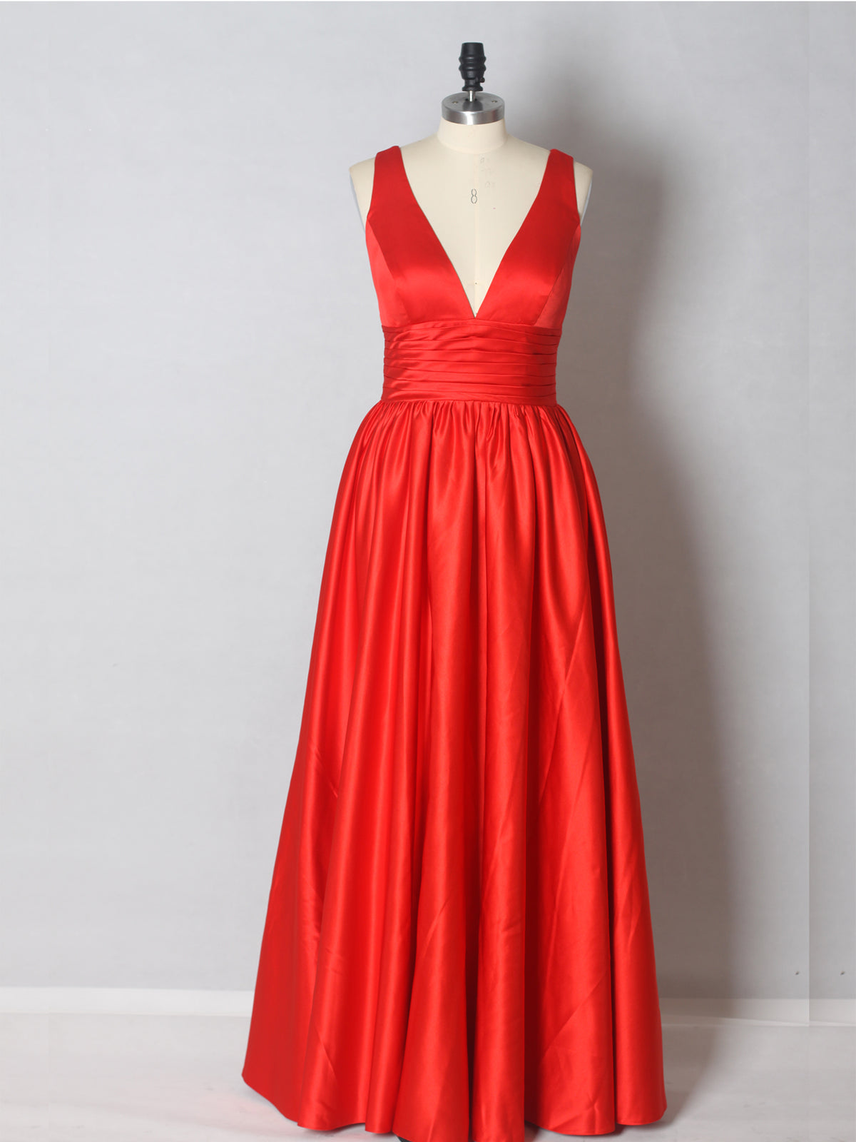 Red Satin Deep V-neck Aline Prom Dress As Picture