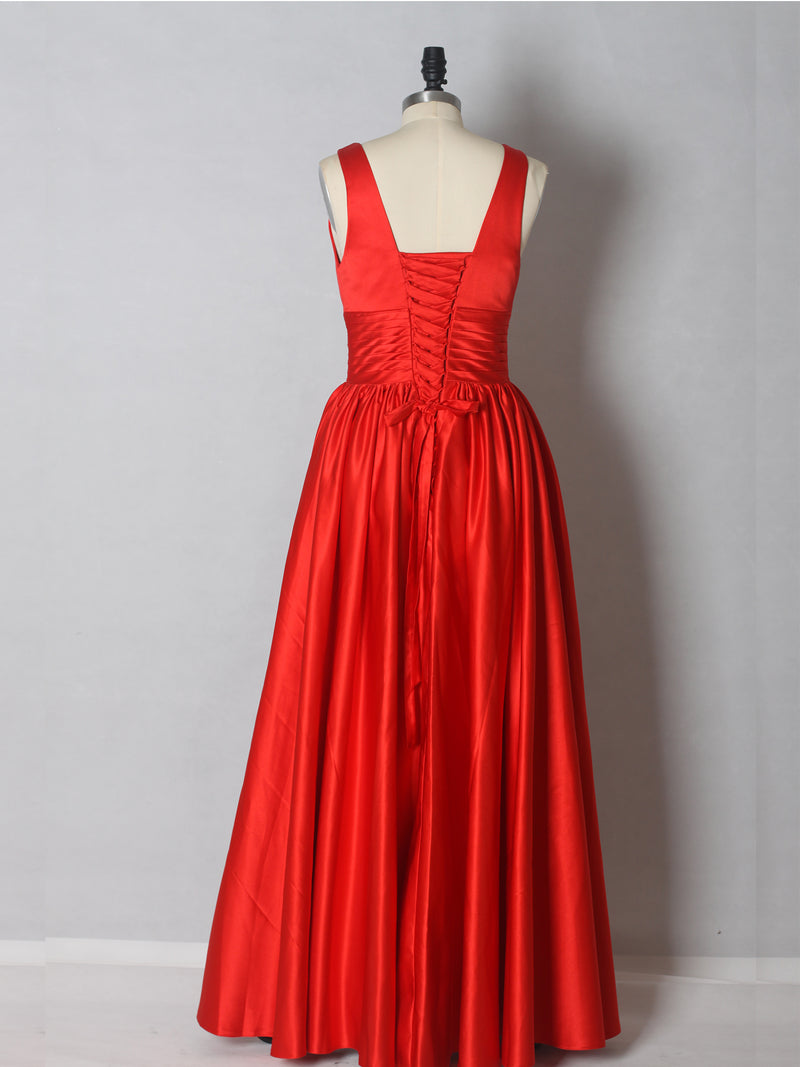 Red Satin Deep V-neck Aline Prom Dress