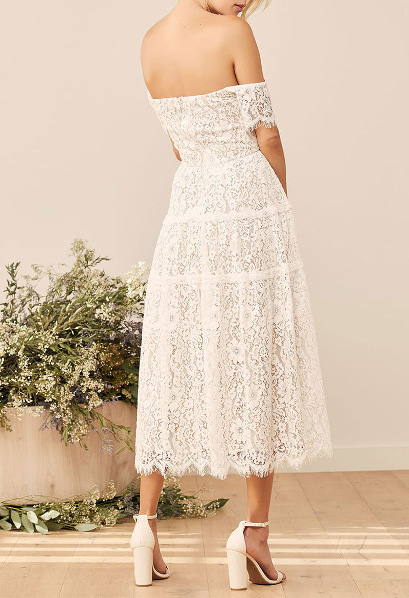 A Line Off The Shoulder Lace Short Sleeve Tea Length Wedding Dress