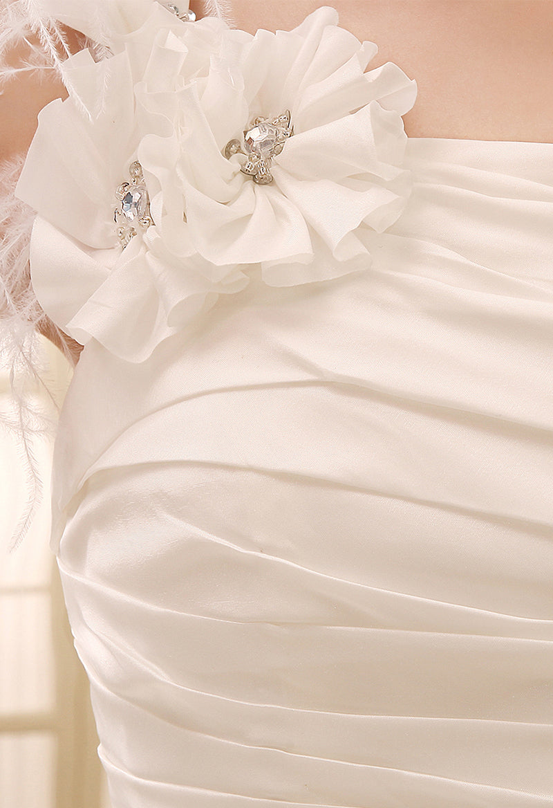 A Line One Shoulder Organza Flowers Pleated Tea Length Wedding Dress