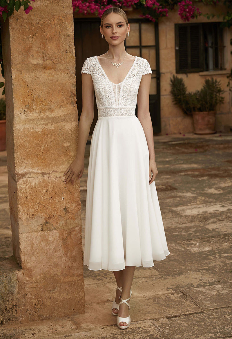 Bohemian Style Cap Sleeve Jewel Neck Tea Length Chiffon Lace Key Hole Wedding Dress As Picture