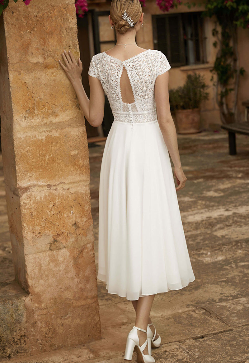 Bohemian Style Cap Sleeve Jewel Neck Tea Length Chiffon Lace Key Hole Wedding Dress