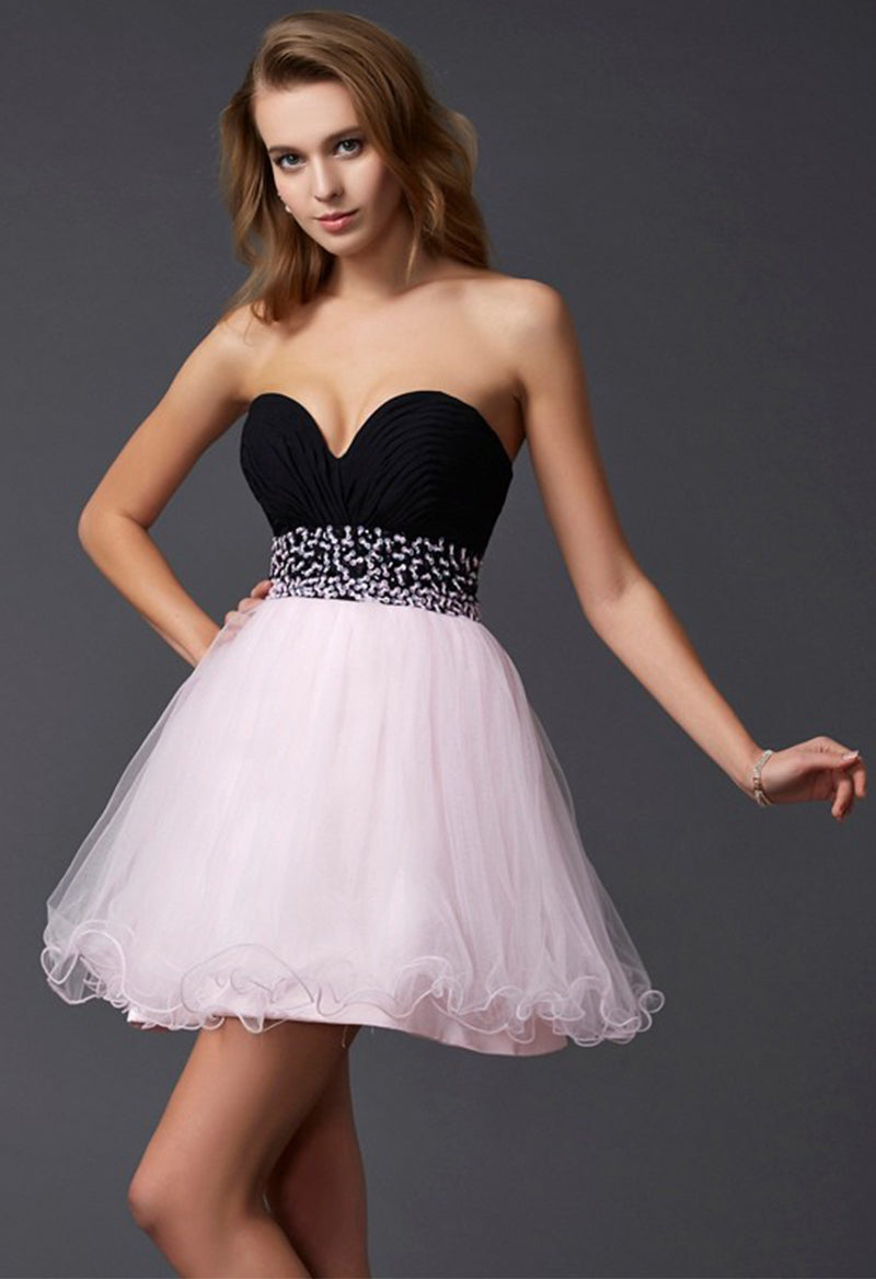 Sweetheart Neck Sleeveless Rhinestone Satin Tulle Homecoming Dress As Picture