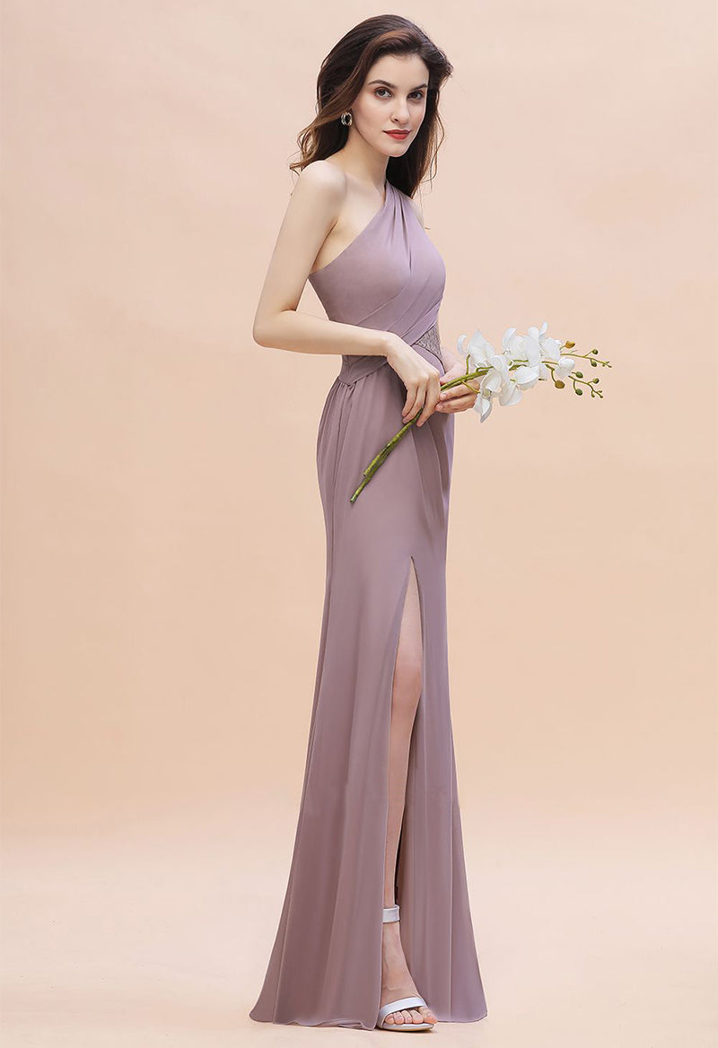 One Shoulder Slit Sleeveless Floor Length Sheath Stitching Prom Dress