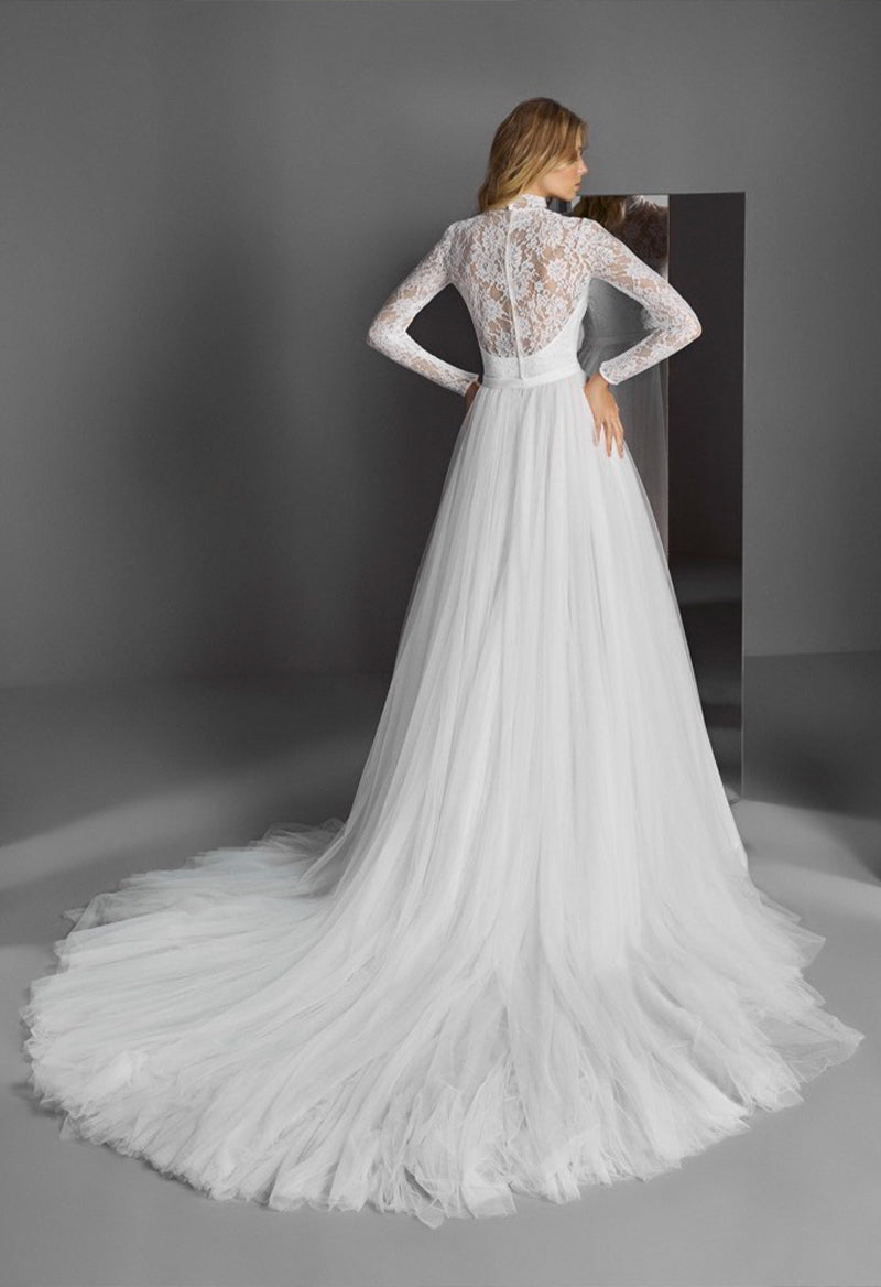 Conservative Long Sleeves High Neck Slits Tulle Chapel Train Wedding D Pandrodressy Conservative Long Sleeves High Neck Slits Tulle Chapel Train Wedding D Pandrodressy