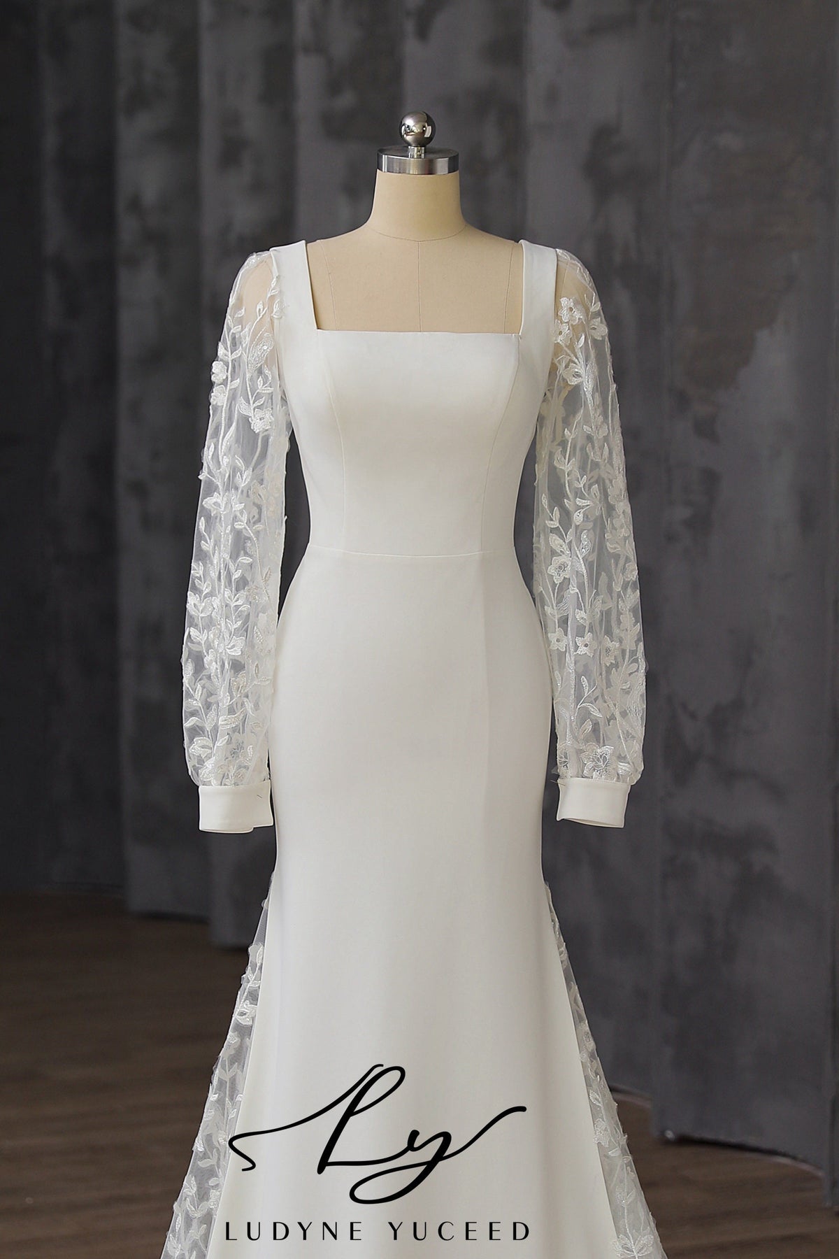 Classic Square Neck Mermaid Wedding Dress with Embroidered Long Sleeves