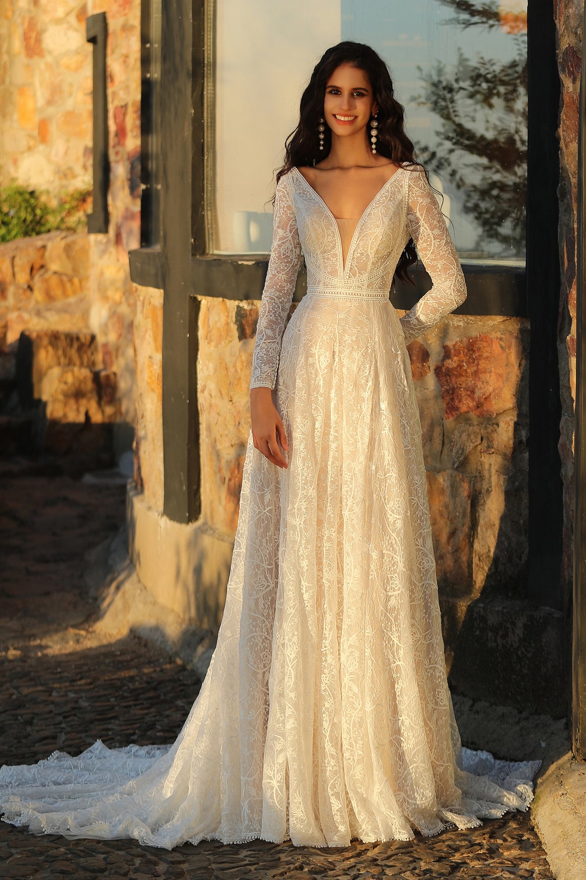 In Stock|Boho A-Line V Neckline Long Sleeve Wedding Dress
