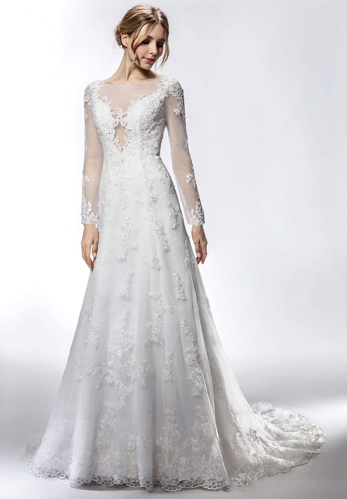 long sleeve aline dress Princess Plunging Neckline Long Sleeve Aline Wedding Dress – Pandrodressy
