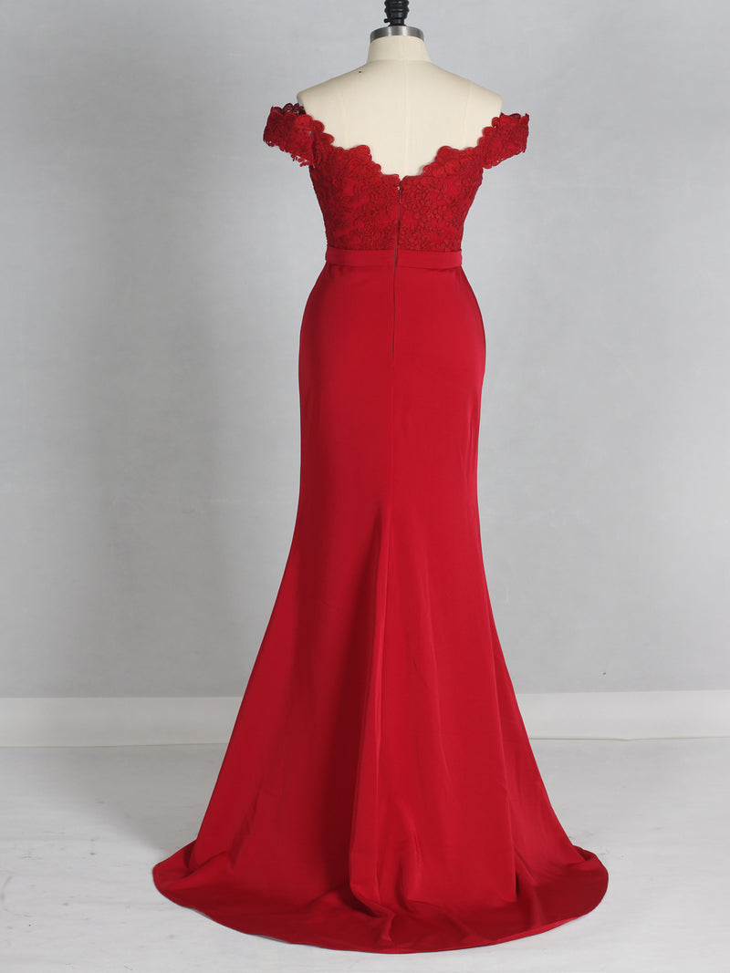 Red Off-the-shoulder Fit and Flare Evening Dress