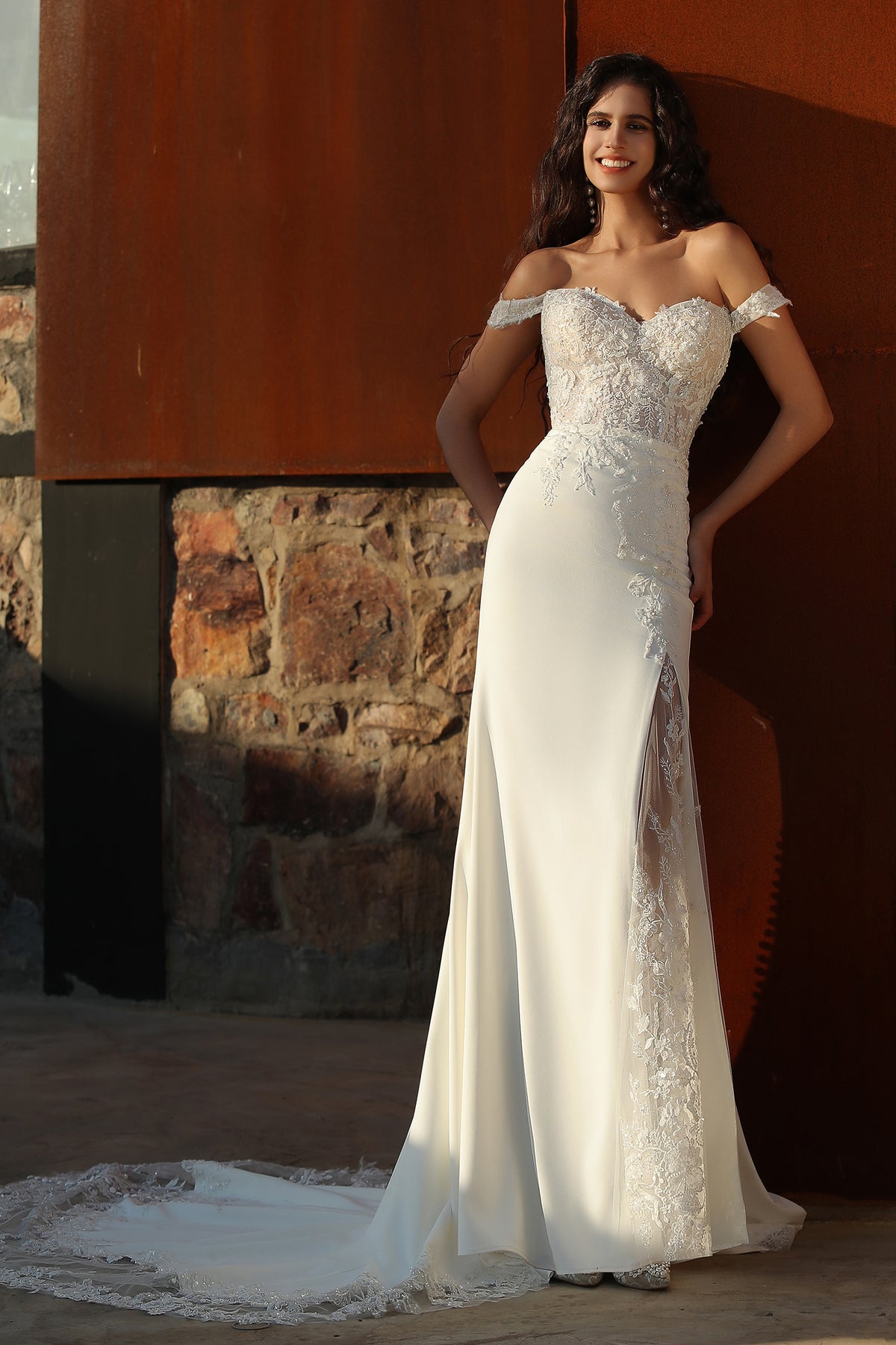 Elegant Off-the-shoulder Sheath Crepe Wedding dress PR3525
