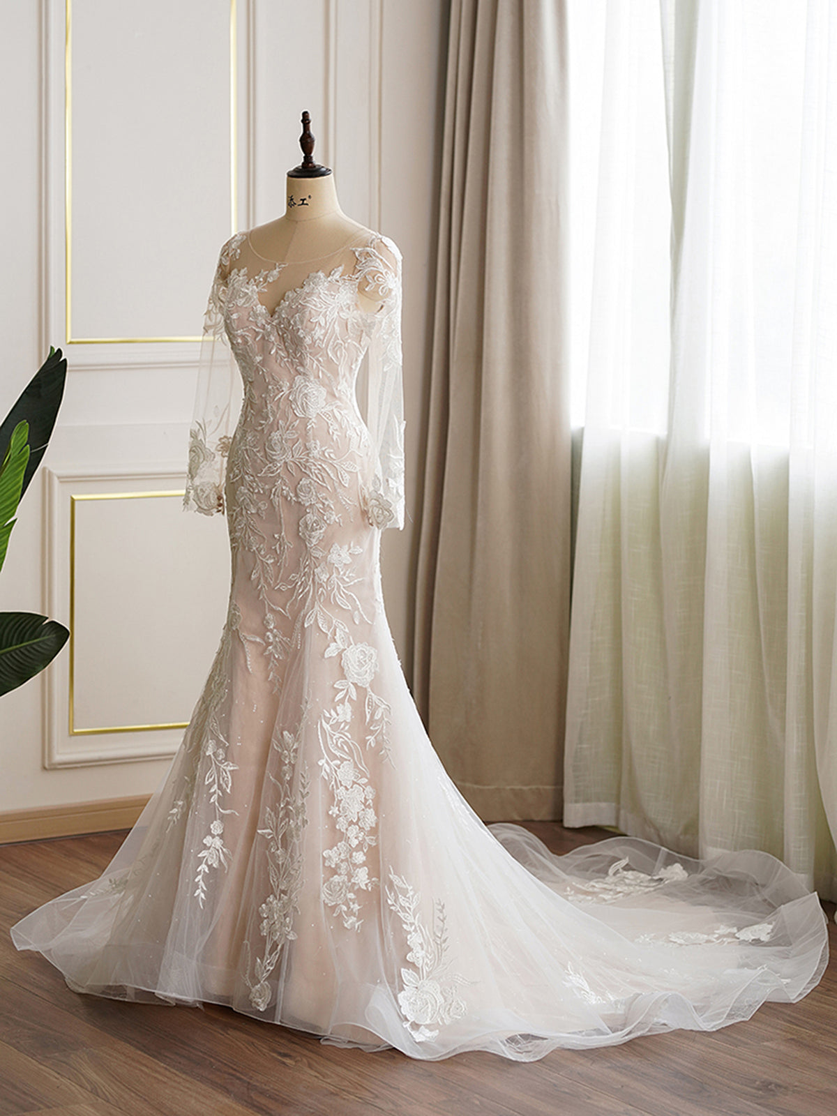 Illusion Neckline Long Sleeve Lace Floral Wedding Dress