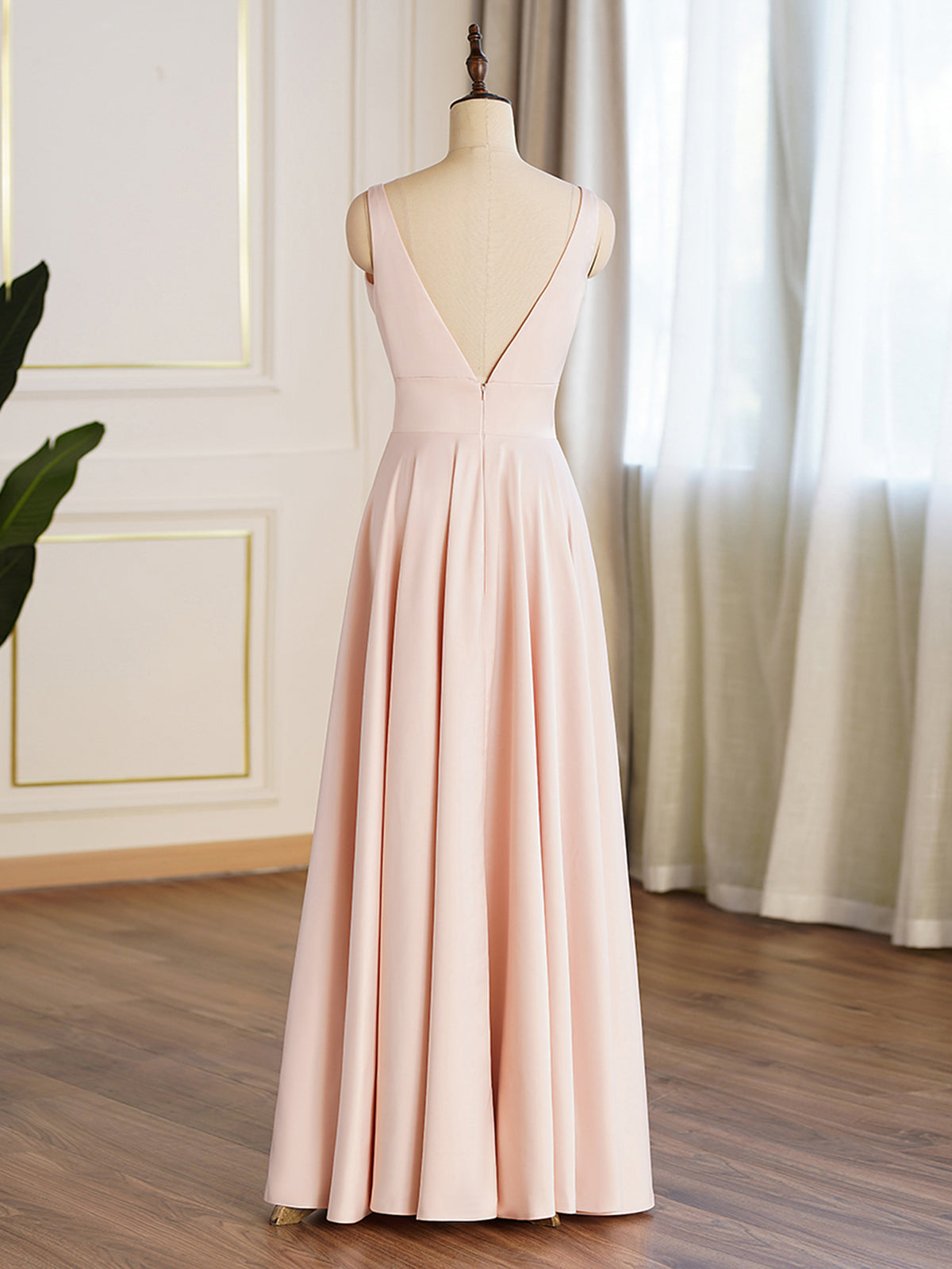 Pearl Pink Deep V Satin Aline Prom Dress