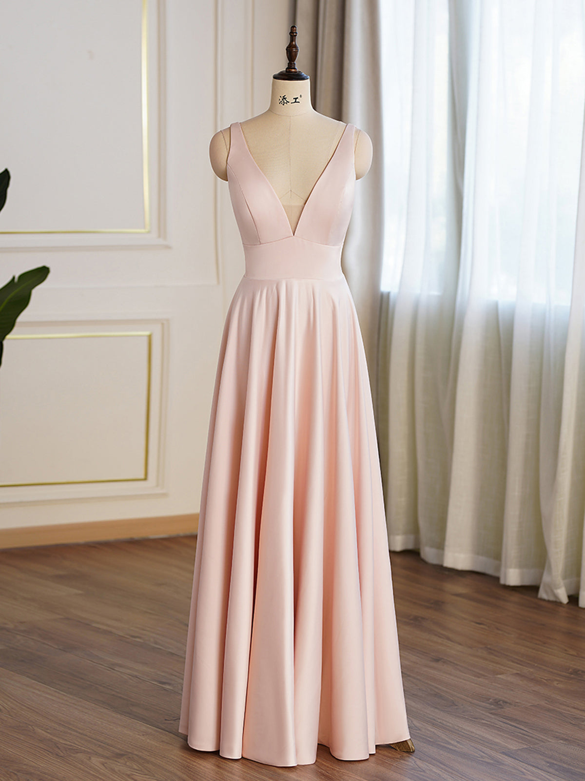Pearl Pink Deep V Satin Aline Prom Dress As Picture