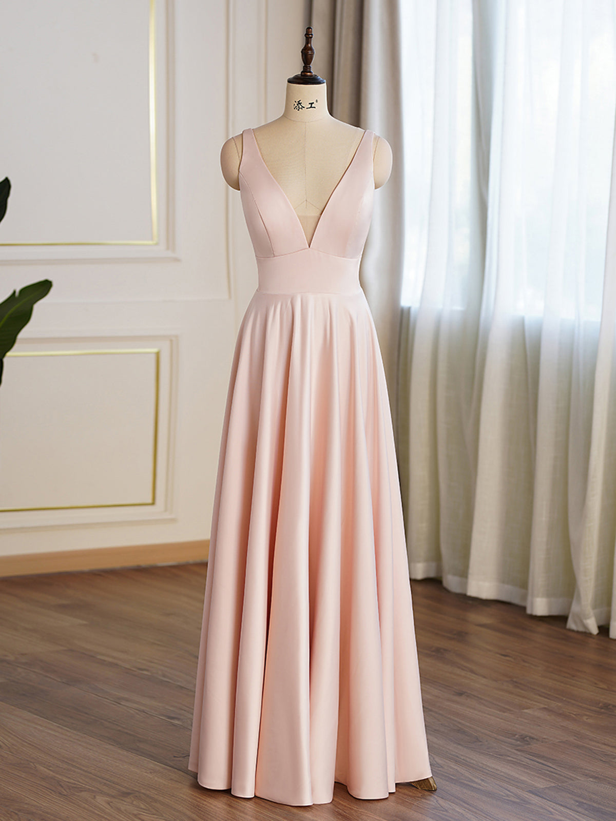 Pearl Pink Deep V Satin Aline Prom Dress Pandrodressy Pearl Pink Deep V Satin Aline Prom Dress Pandrodressy