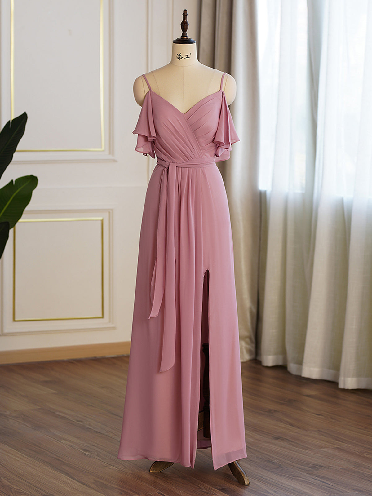 Spaghetti Strap Ruffle Side Split Aline Bridesmaid Gown Pandrodressy Spaghetti Strap Ruffle Side Split Aline Bridesmaid Gown Pandrodressy