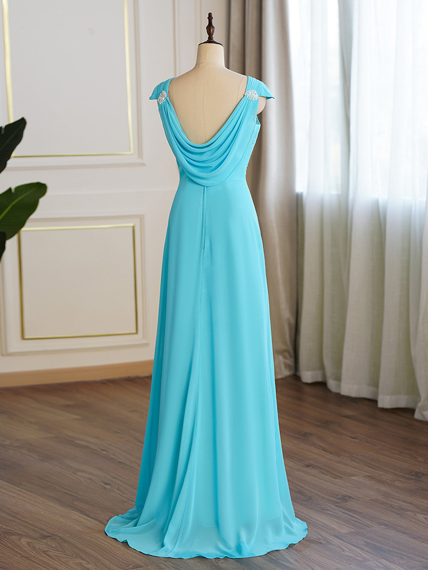 Simple Pool Blue Queen Anne Aline Bridesmaid Dress – Pandrodressy