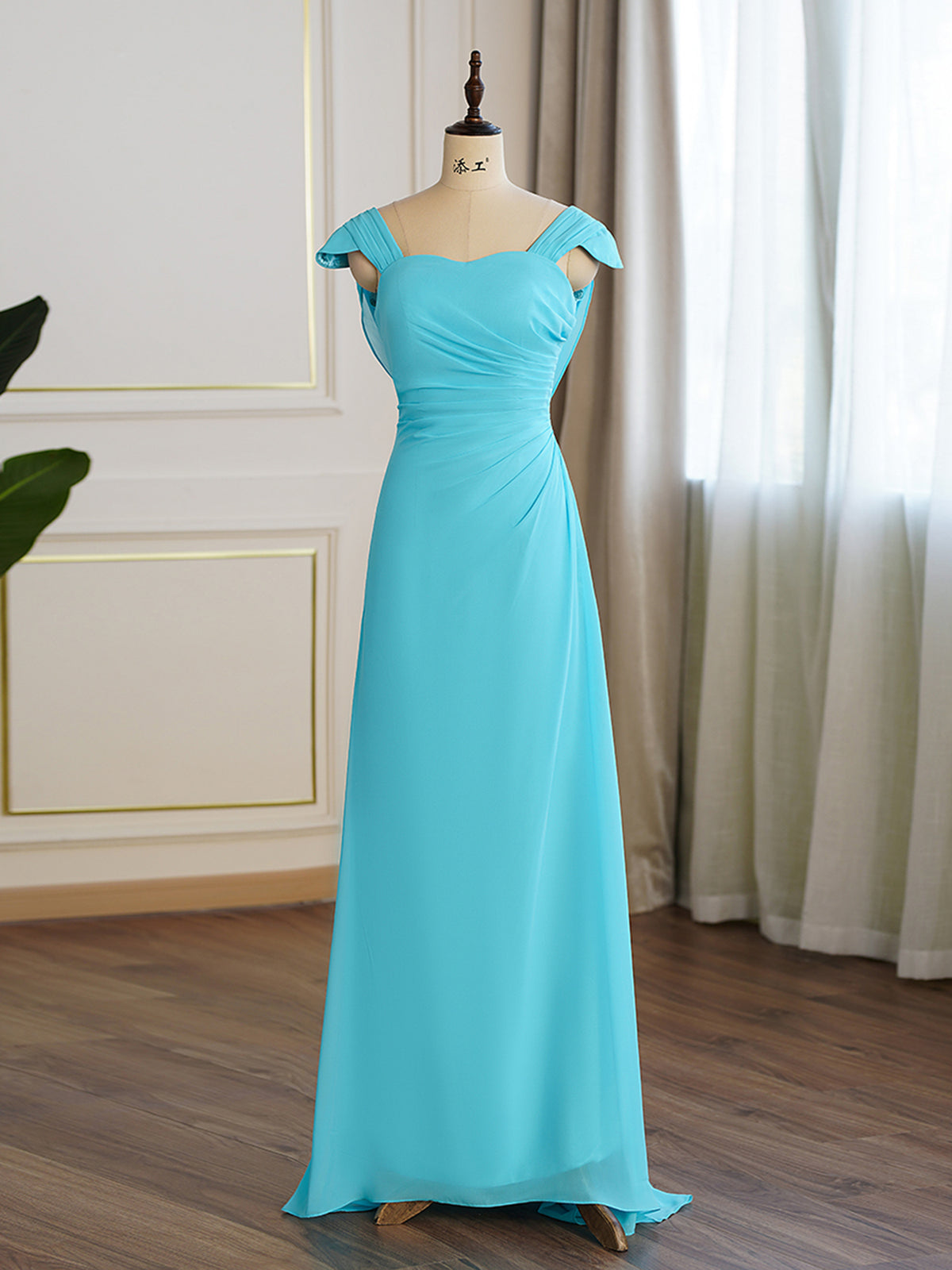 Simple Pool Blue Queen Anne Aline Bridesmaid Dress As Picture