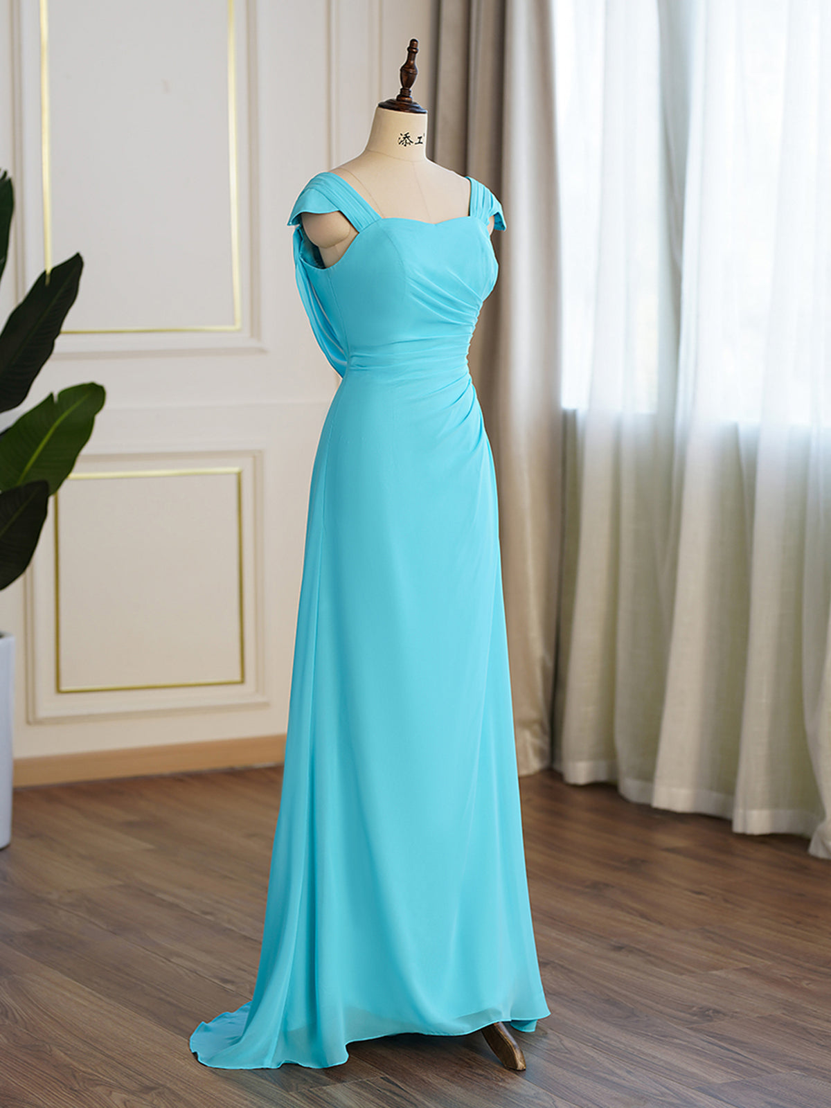 Simple Pool Blue Queen Anne Aline Bridesmaid Dress – Pandrodressy