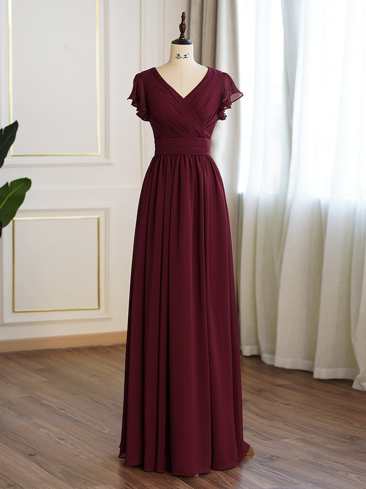 Burgundy V Neck Ruffle Aline Bridesmaid Dress As Picture