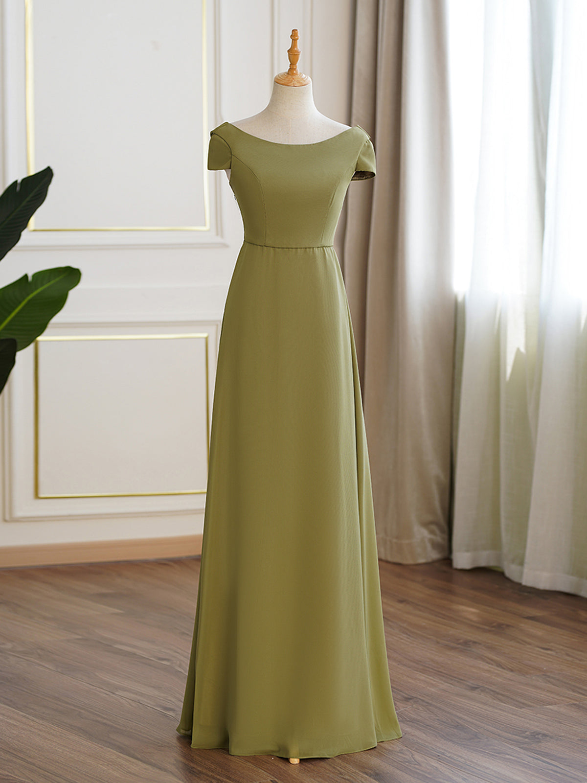 Lime Green Chiffon Cap Sleeve Long Bridesmaid Dress As Picture