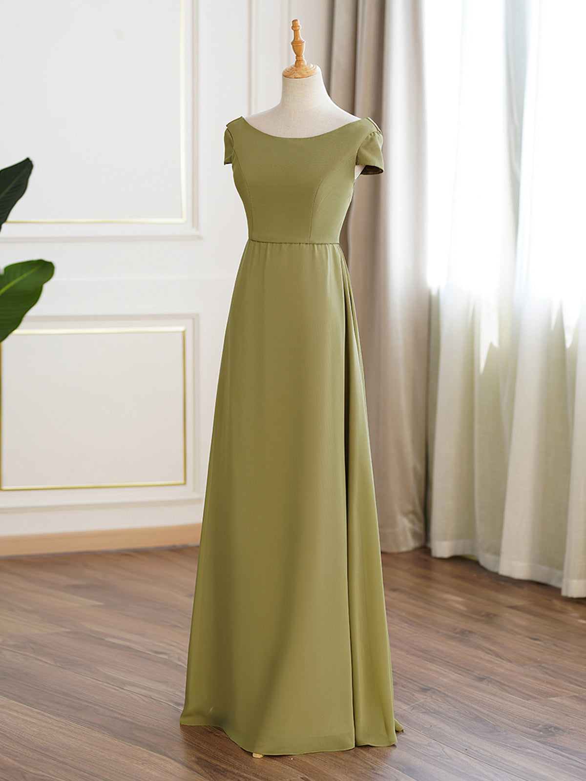 Lime Green Chiffon Cap Sleeve Long Bridesmaid Dress