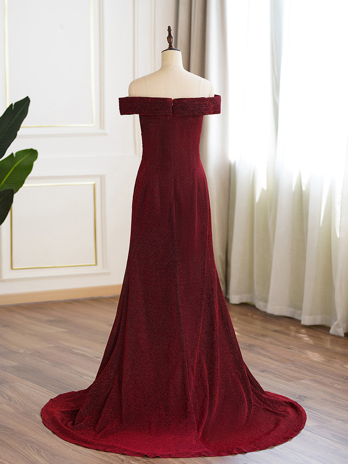 Burgundy Glitter Off-the-shoulder Split Evening Dress