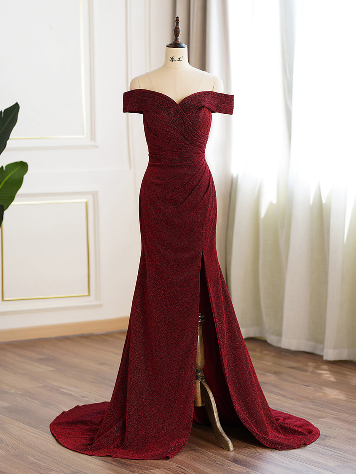 Burgundy Glitter Off-the-shoulder Split Evening Dress Pandrodressy Burgundy Glitter Off-the-shoulder Split Evening Dress Pandrodressy