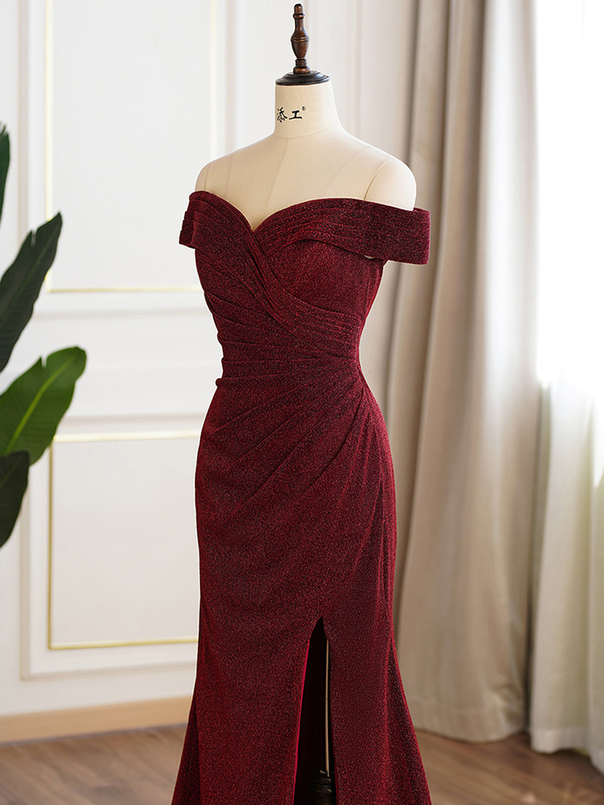 Burgundy Glitter Off-the-shoulder Split Evening Dress