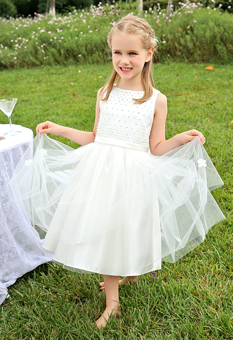 Beaded Sleeveless Tulle Jewel Neck Appliqué Social Party Flower Girl Dress As Picture
