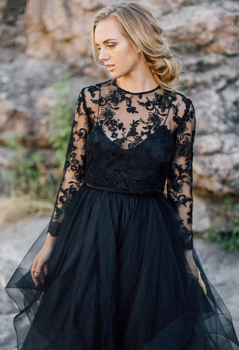 Scoop Neck Ruffle Long Sleeve Lace Appliqué Wedding Dress