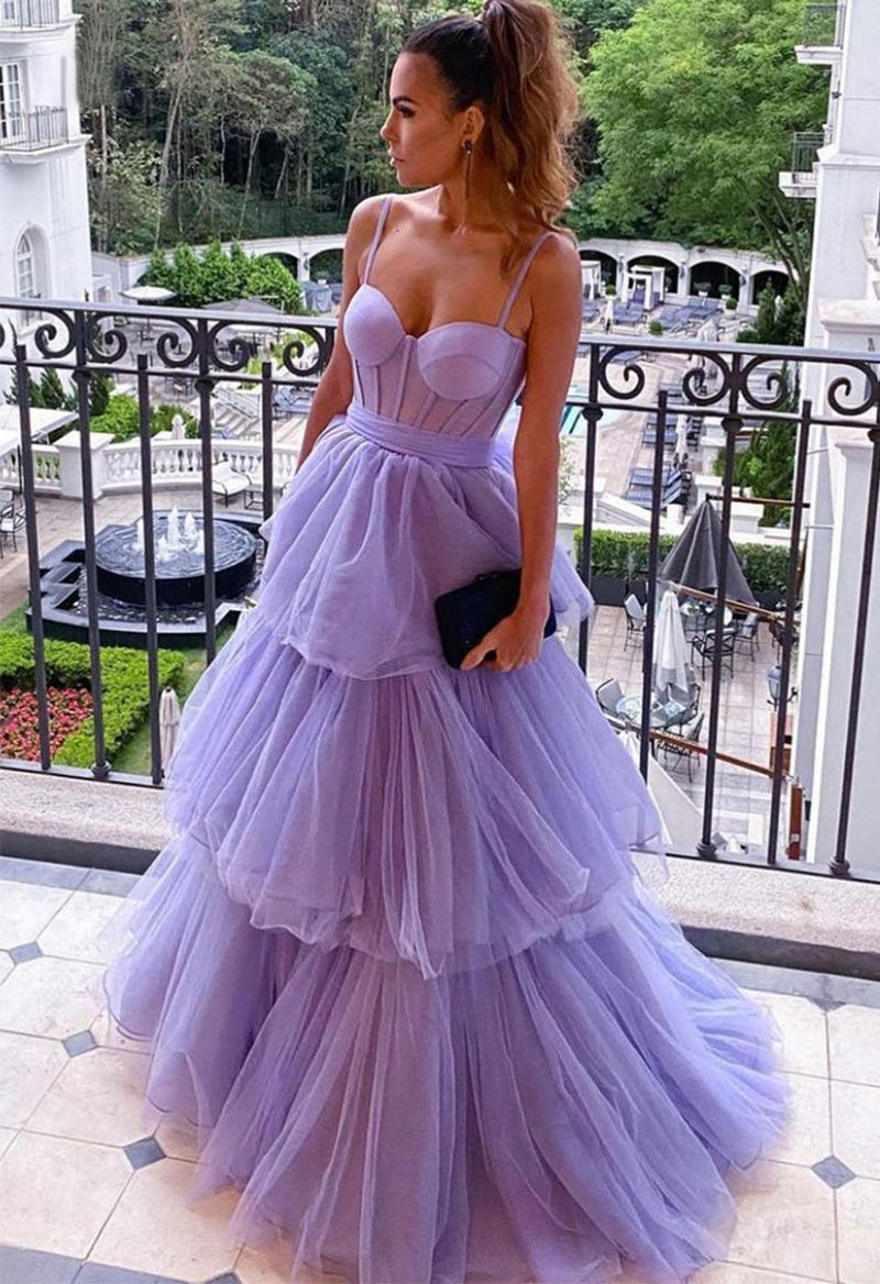 Layered Tulle Strap Lace-Up Evening Dress As Picture