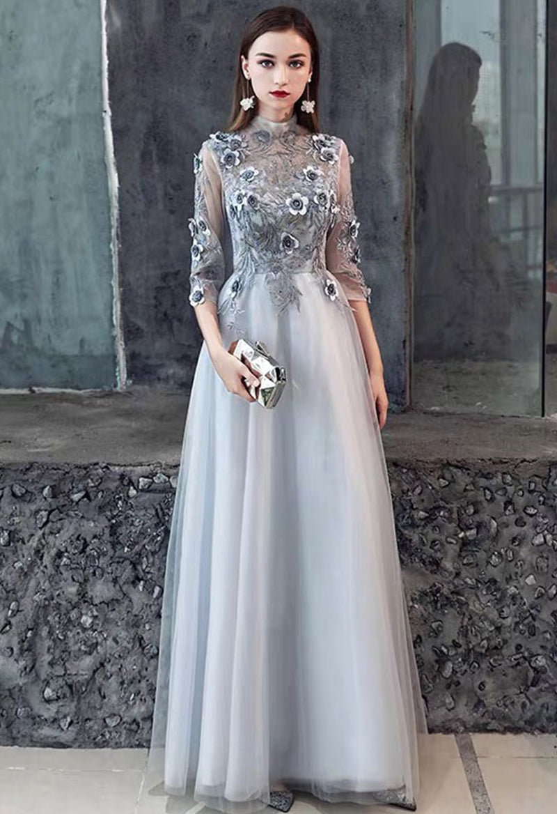 High Neck Tulle Floral 3/4 Sleeve Evening Dress As Picture
