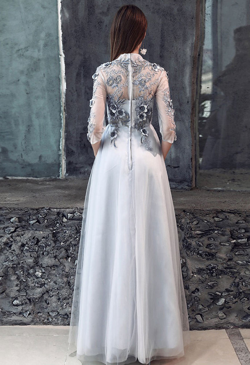 High Neck Tulle Floral 3/4 Sleeve Evening Dress