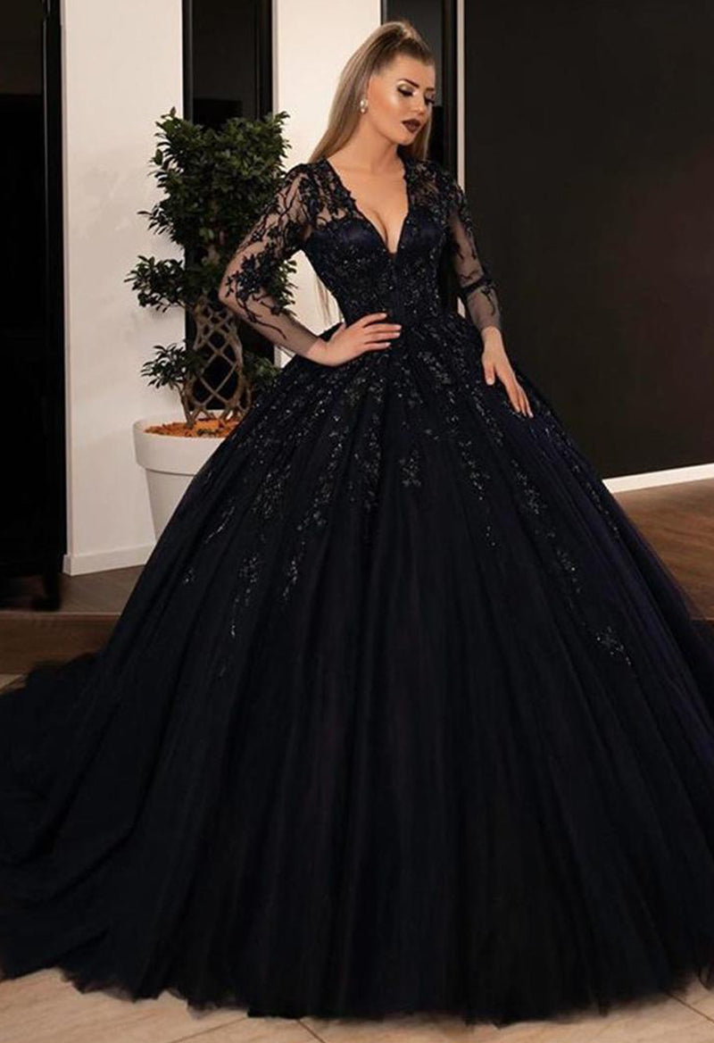 Sequenant Lace Long Sleeve Ball Gown Key Hole Wedding Dress Black