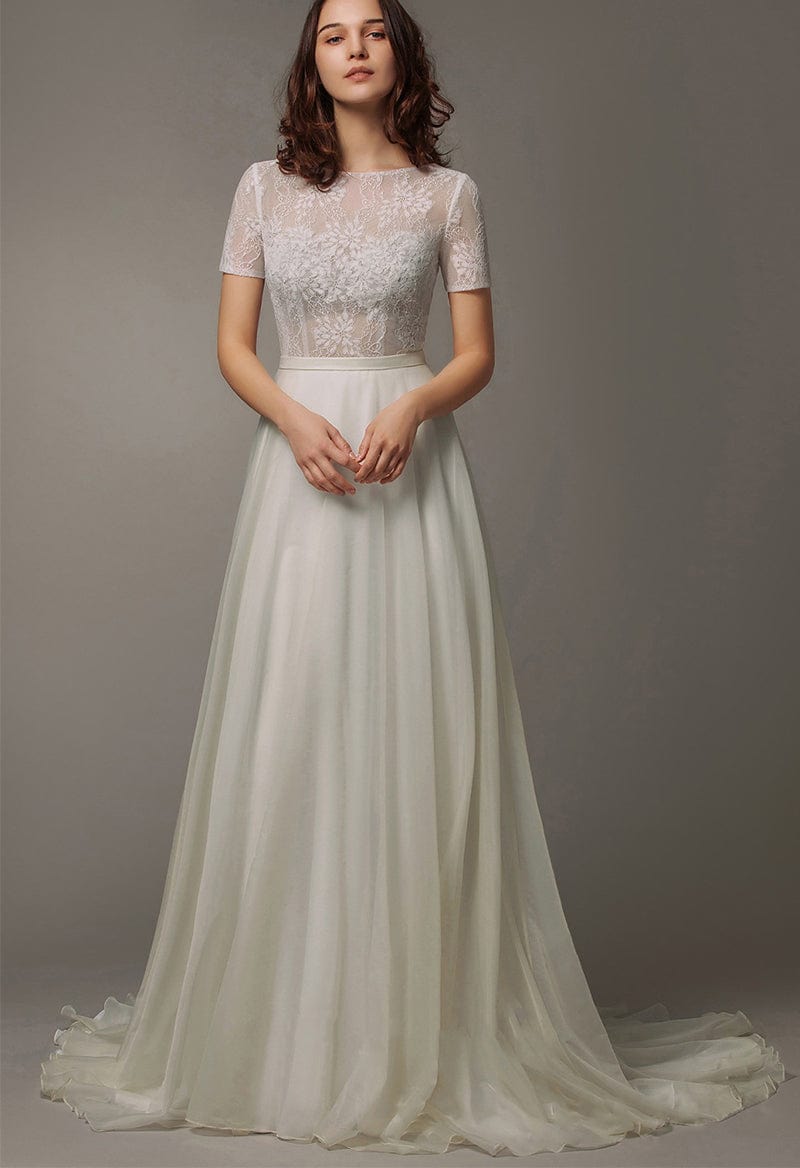 Short Sleeve Ivory Lace & Organza Wedding Dress As Picture