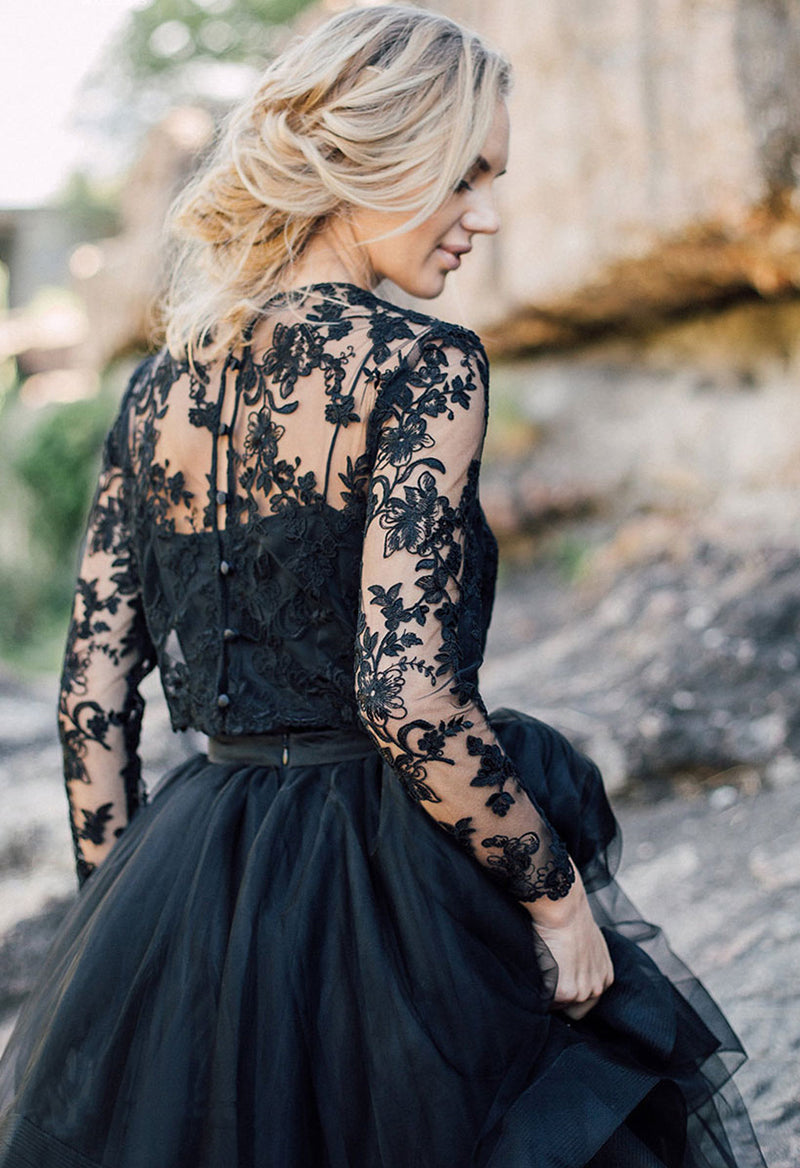 Scoop Neck Ruffle Long Sleeve Lace Appliqué Wedding Dress