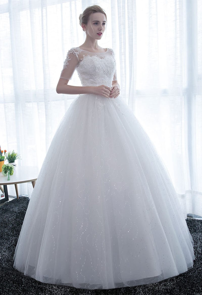 Open Back Floor Length Ball Gown Half Sleeve Illusion Neck Satin/Lace Wedding Dress
