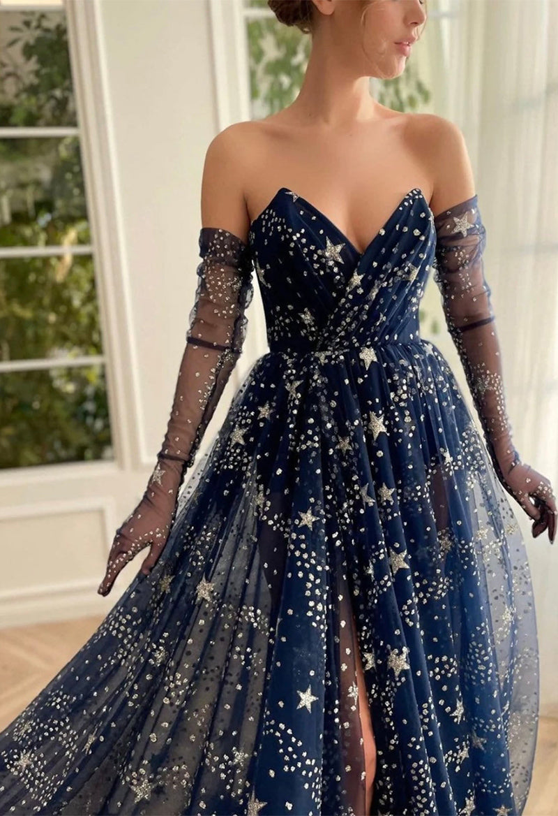 A Line Sweetheart Neckline Sparkly Lace Slit Sweep Train Prom Dress