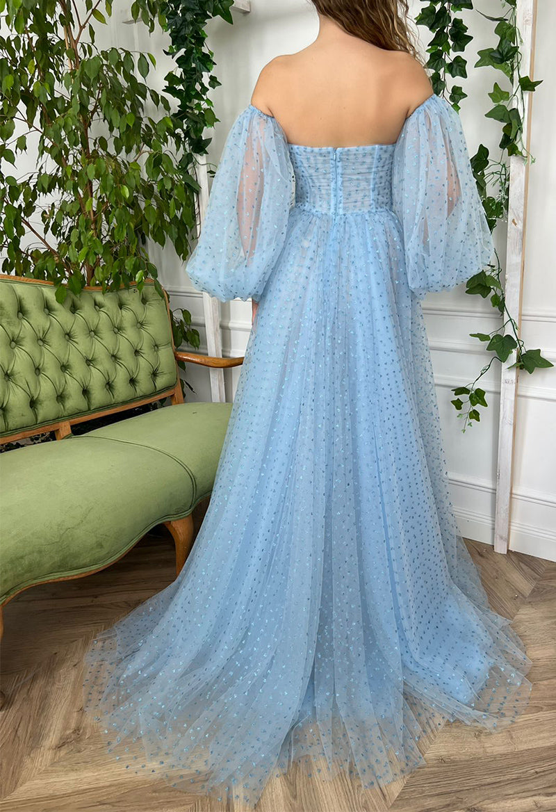 Sweetheart Lace Appliquéd Detachable Sleeve Slit Sweep Train Prom Dress