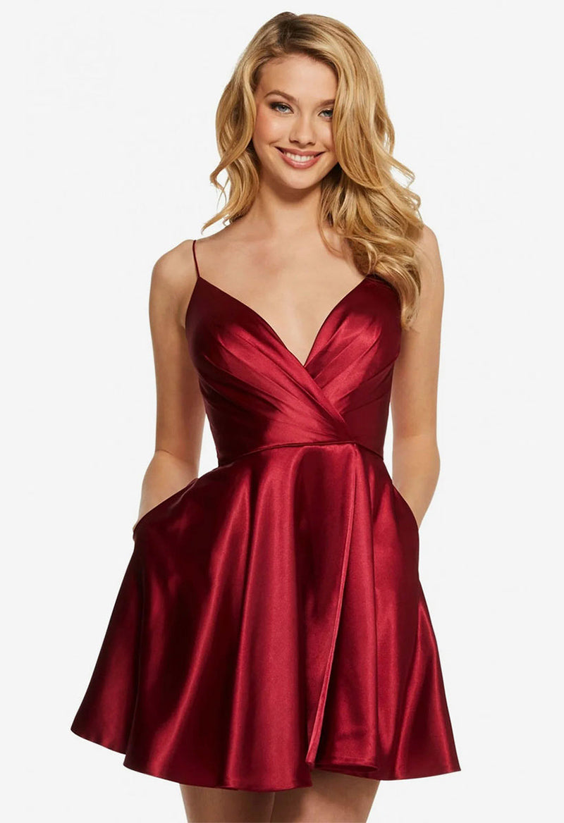 Satin Wrap Pocket V Neck Homecoming Dress As Picture