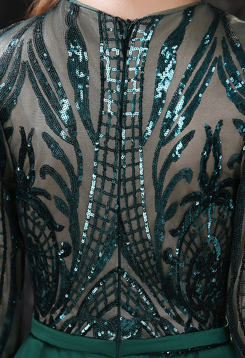 Sequin Scoop Neck Long Seeve Mermaid Overskirt Evening Dress