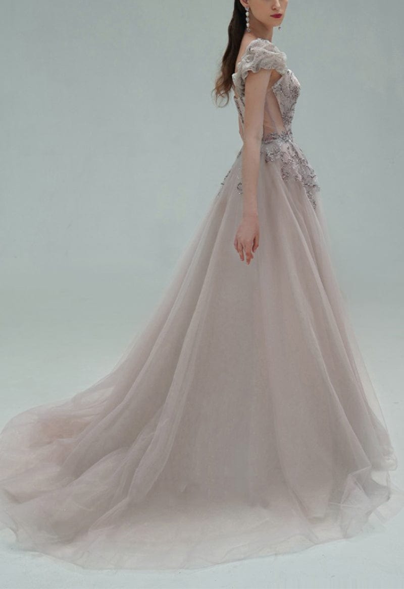 Square Neck Puff Sleeves Beaded Sequin Tulle Evening Dress