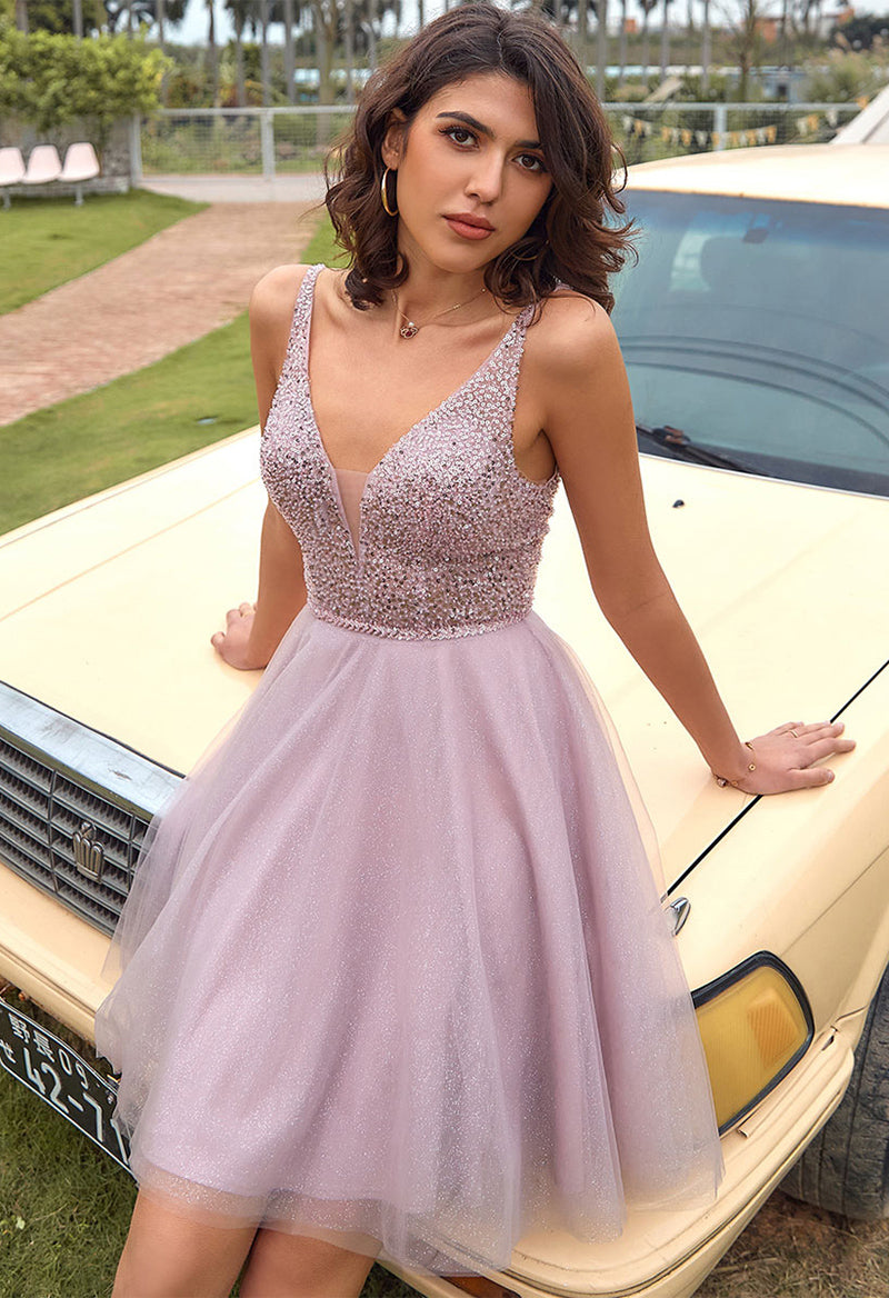 V Neck Sequins Goodness Lace Sleeveless Homecoming Dress As Picture