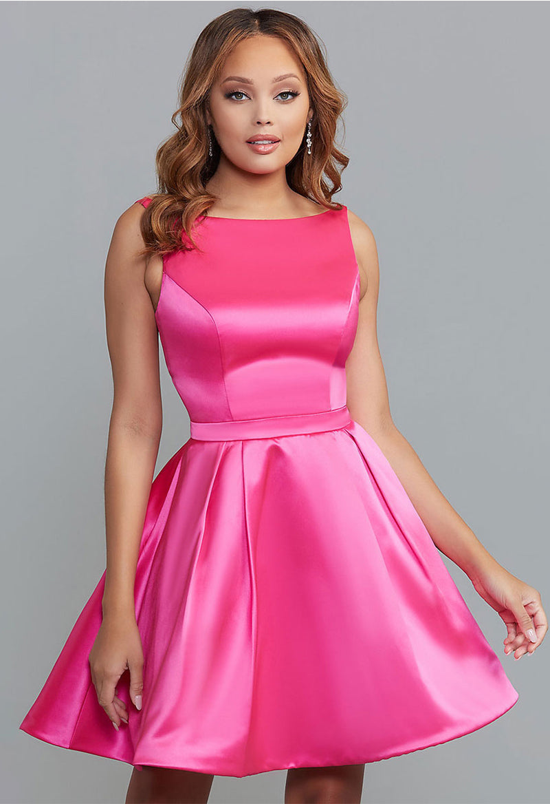 Satin Sleeveless Pocket Scoop Neck Homecoming Dress As Picture