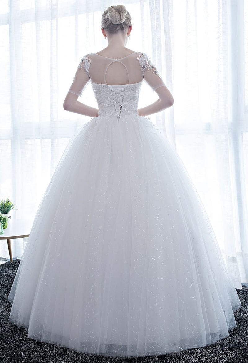 Open Back Floor Length Ball Gown Half Sleeve Illusion Neck Satin/Lace Wedding Dress