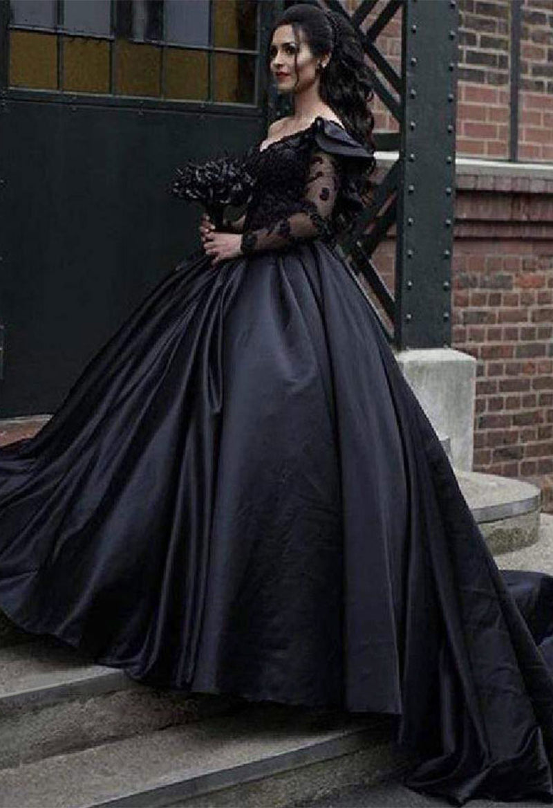 One Shoulder Long Sleeve Ruffled Chapel Trailing Wedding Dress