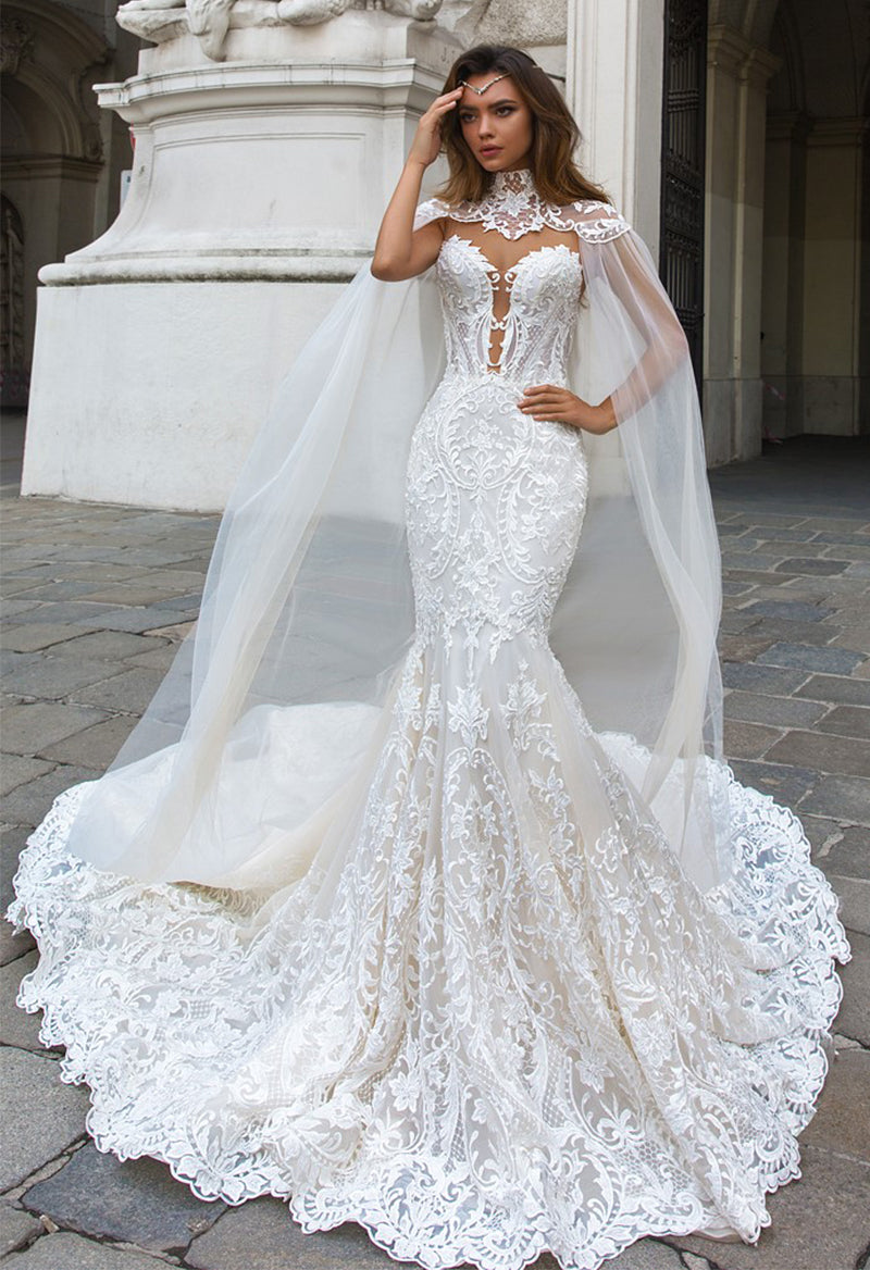 Rhinestone Beaded Appliquéd Mermaid Wedding Dress With Wrap AS Picture