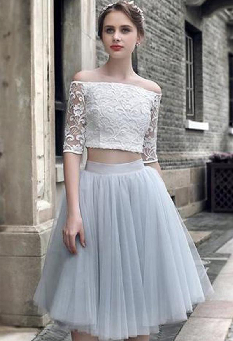 Off The Shoulder Half-Sleeved Tulle Lace Two-Piece Homecoming Dress As Picture